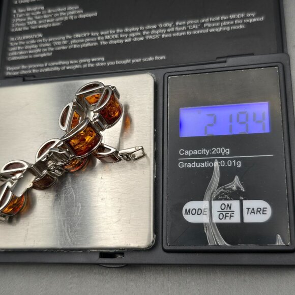 Sterling Silver & Amber Link Bracelet 8" Snap Clasp Czech Republic 21.94g Signed - Picture 10 of 11